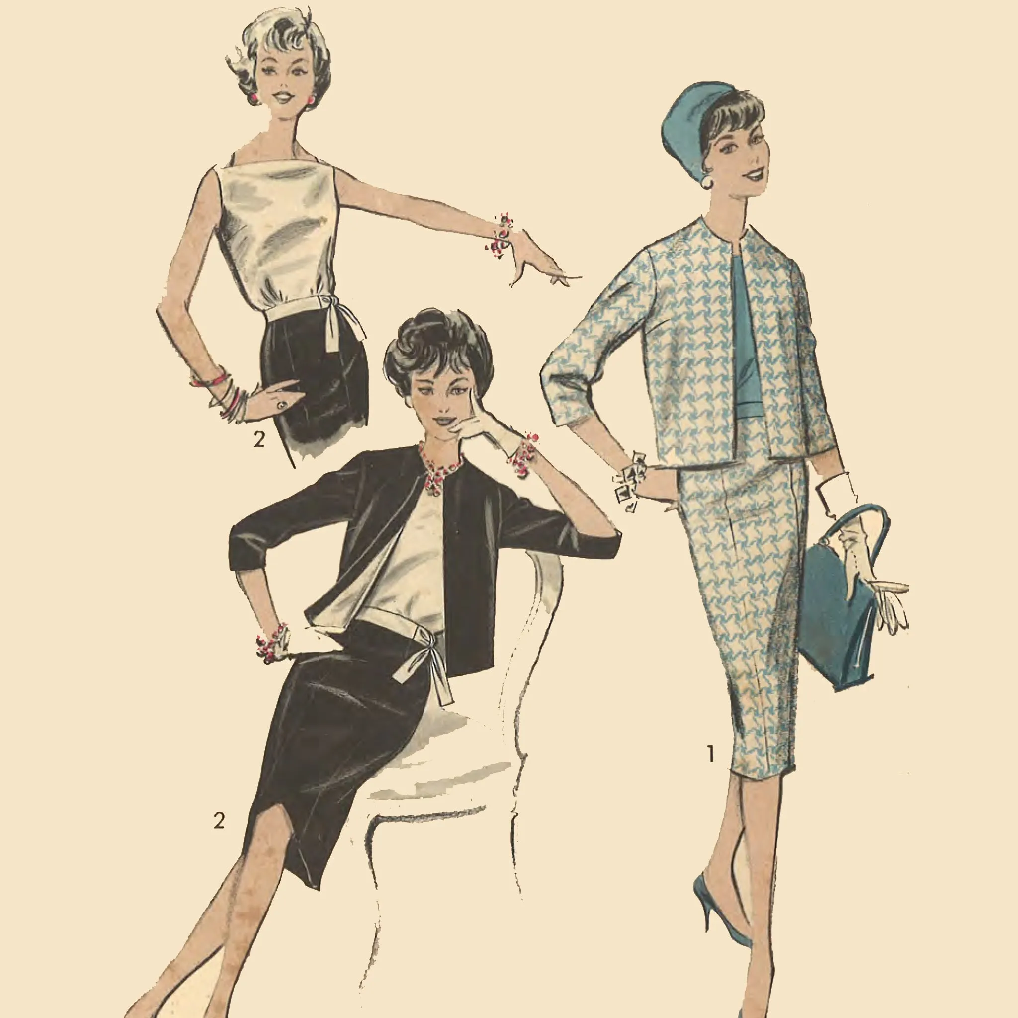 1950s Pattern, Magic Jackie Suit, Blouse, Wiggle, Pencil Skirt - Bust 32" (81.3cm)
