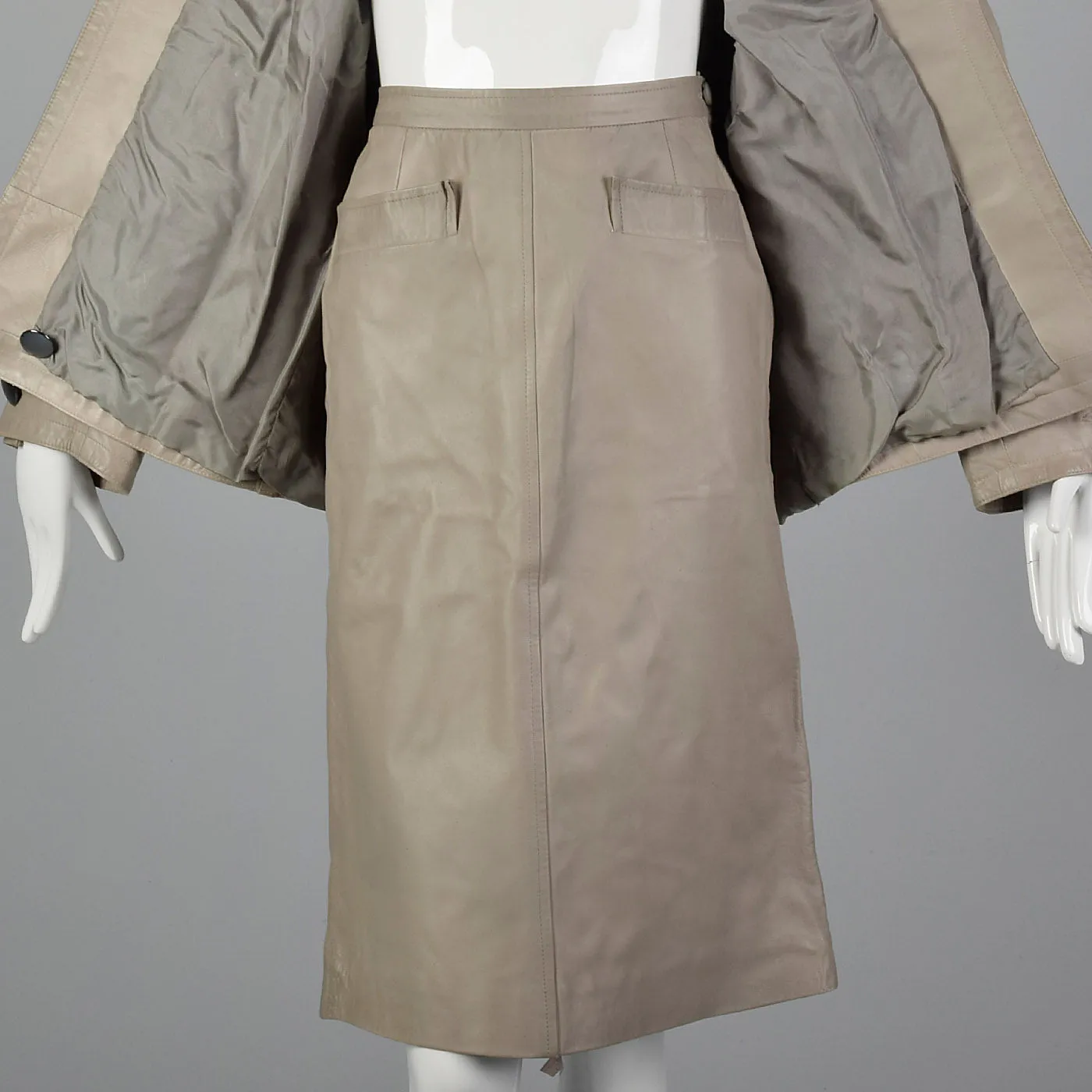 1980s Yves Saint Laurent Rive Gauche Gray Leather Skirt Suit