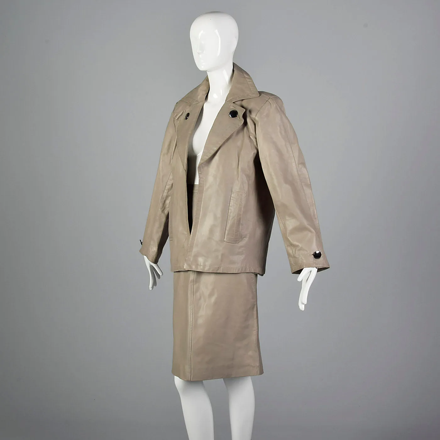 1980s Yves Saint Laurent Rive Gauche Gray Leather Skirt Suit