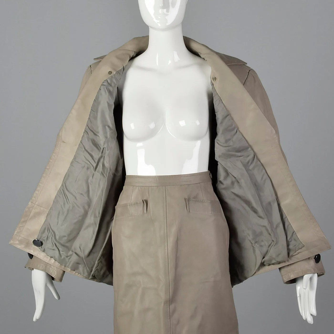 1980s Yves Saint Laurent Rive Gauche Gray Leather Skirt Suit