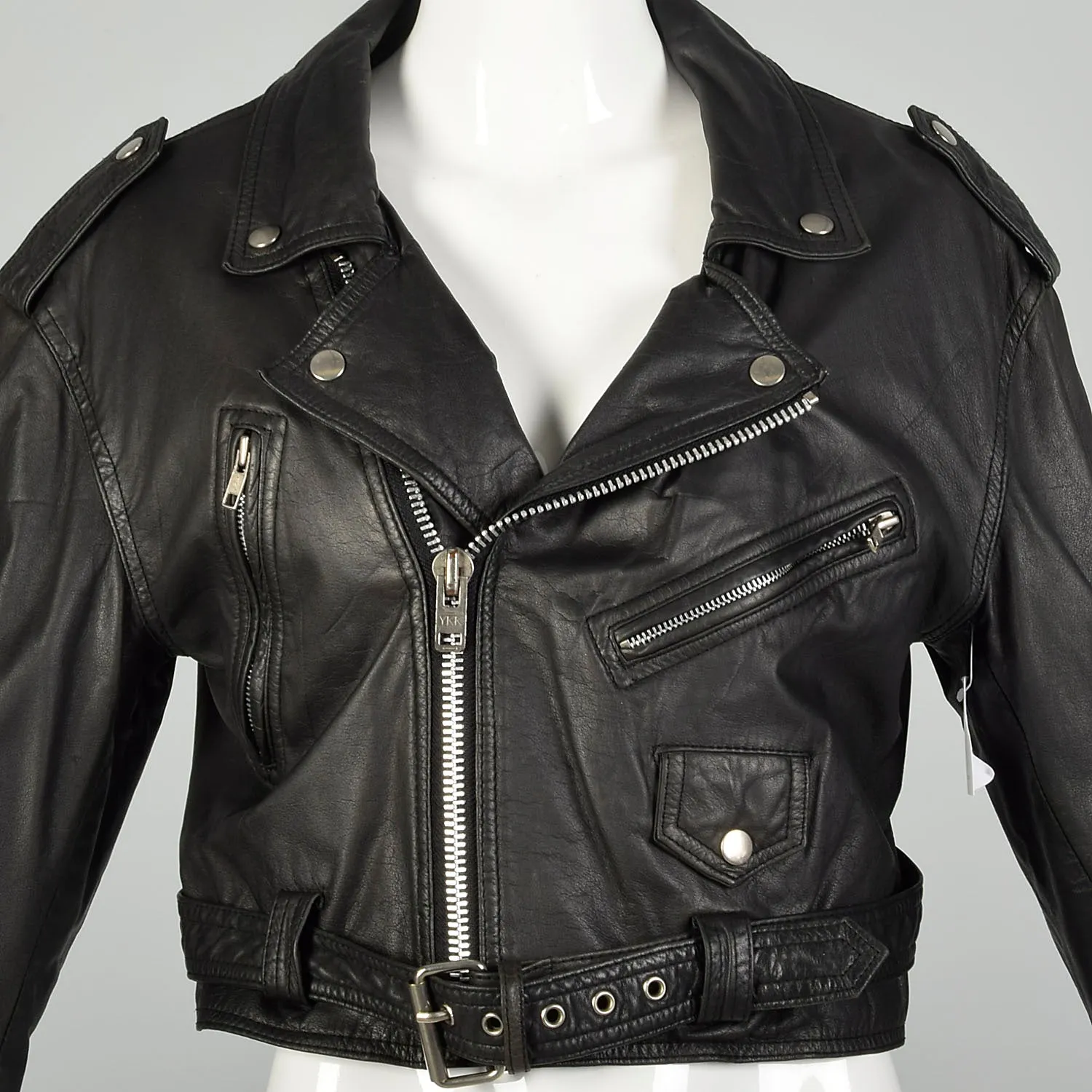 1990s Black Leather Cropped Biker Jacket Belt