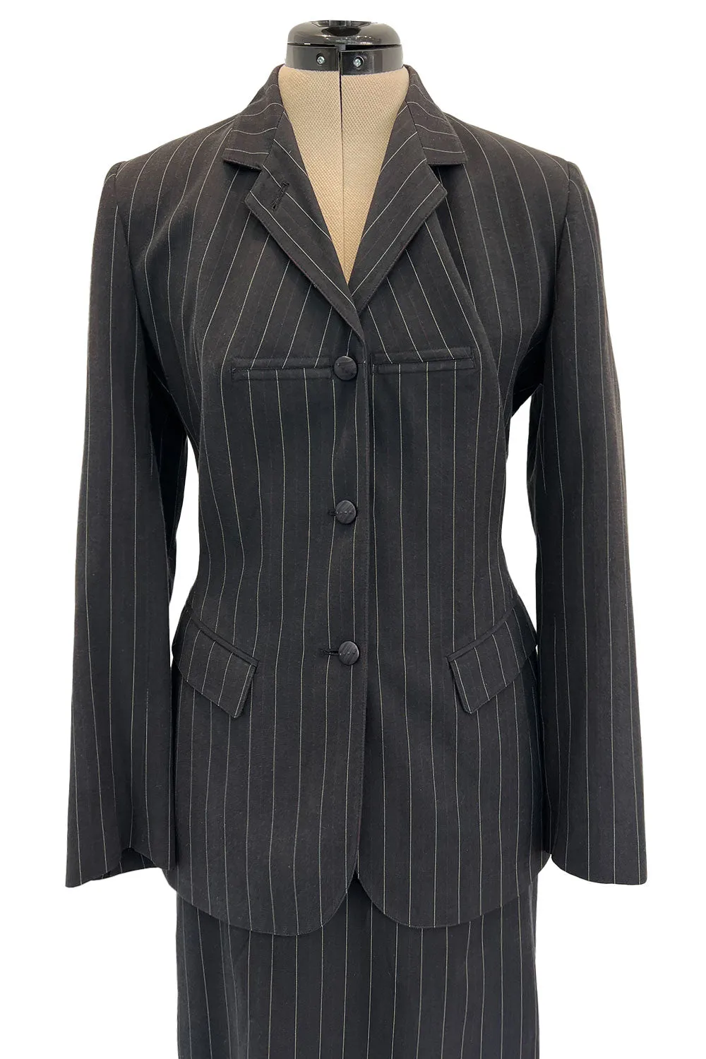 1990s Jean Paul Gaultier Pin Striped Mens Suiting Fabric Jacket & Skirt Set Suit