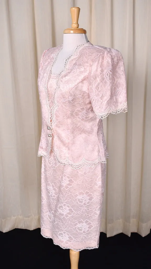 1990s Pink Lace Skirt Suit Set