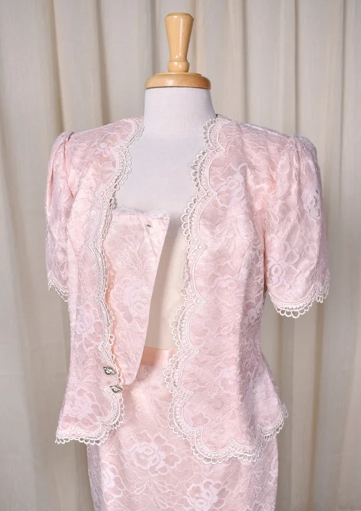 1990s Pink Lace Skirt Suit Set