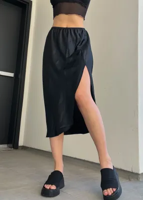 80's Black Silky Slit Skirt (S-L)