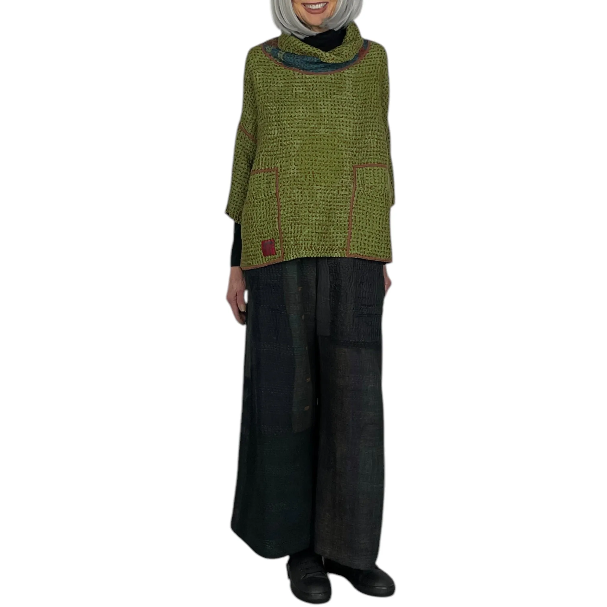 ABSTRACT WAFFLE COWL NECK PONCHO TOP
