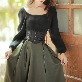 Aiertu - Coal Miner's Sweetheart Goth Top with Optional Skirt Dress Set Dark Academia Kawaii Academia Y2K Cottagecore Coquette Fairycore Dollette Princesscore Bottoms