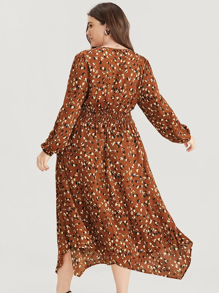 Allover Print Shirred Pocket Surplice Neck Hanky Hem Dress