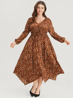 Allover Print Shirred Pocket Surplice Neck Hanky Hem Dress
