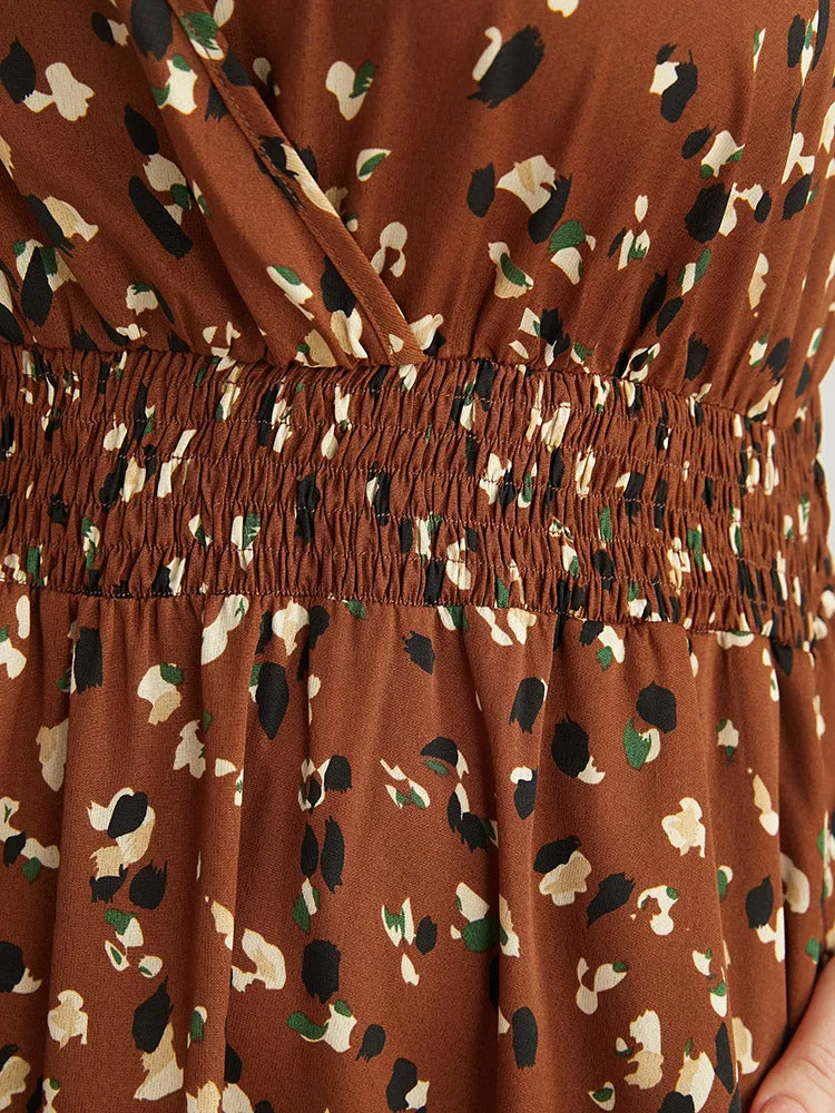Allover Print Shirred Pocket Surplice Neck Hanky Hem Dress