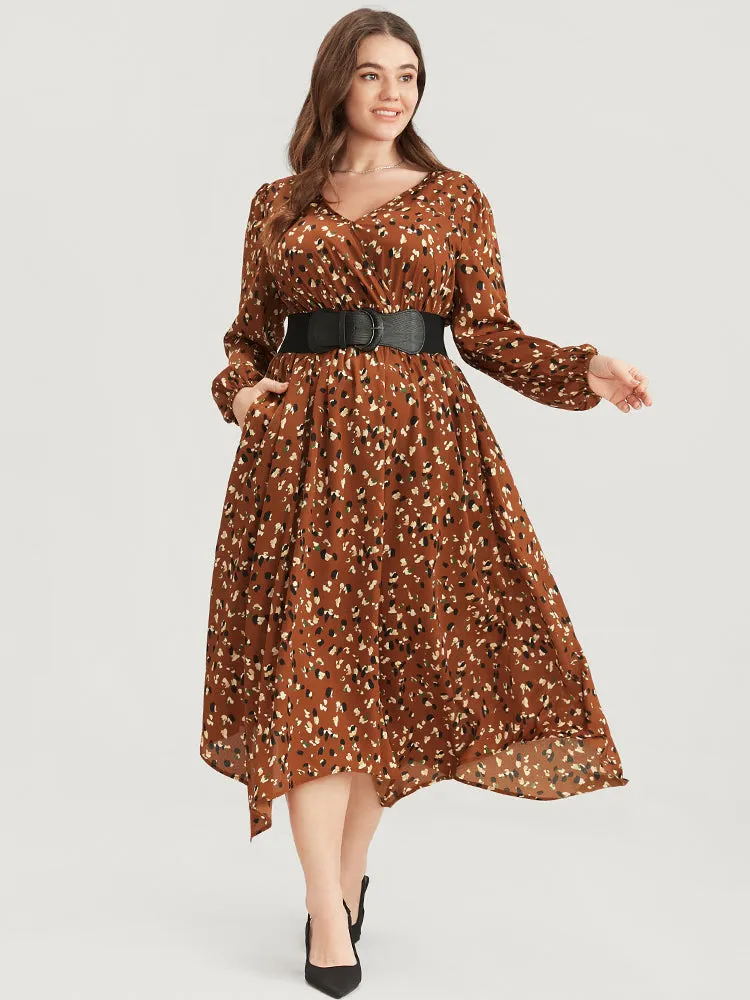 Allover Print Shirred Pocket Surplice Neck Hanky Hem Dress