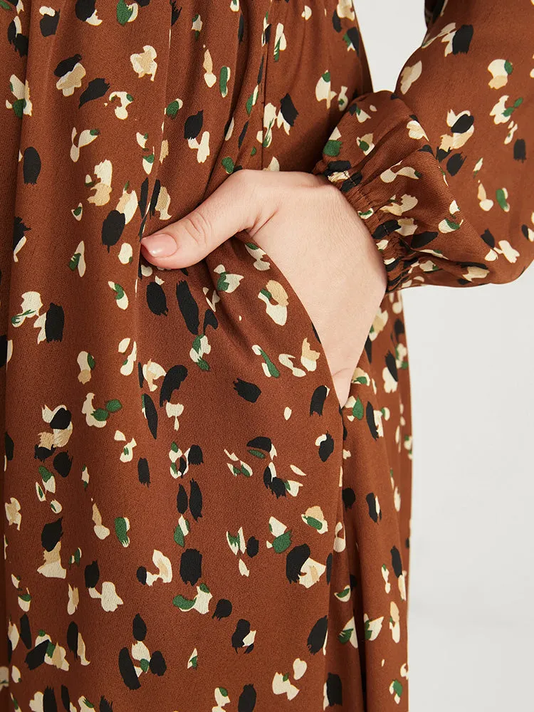 Allover Print Shirred Pocket Surplice Neck Hanky Hem Dress