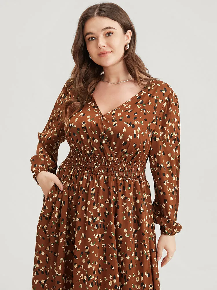 Allover Print Shirred Pocket Surplice Neck Hanky Hem Dress