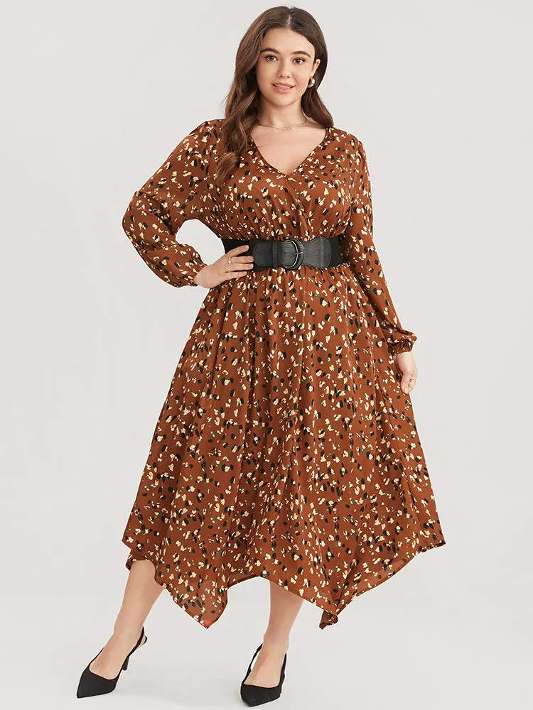 Allover Print Shirred Pocket Surplice Neck Hanky Hem Dress
