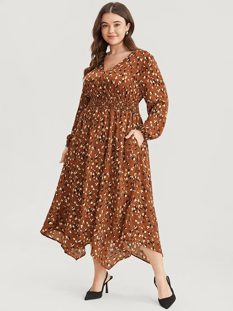 Allover Print Shirred Pocket Surplice Neck Hanky Hem Dress