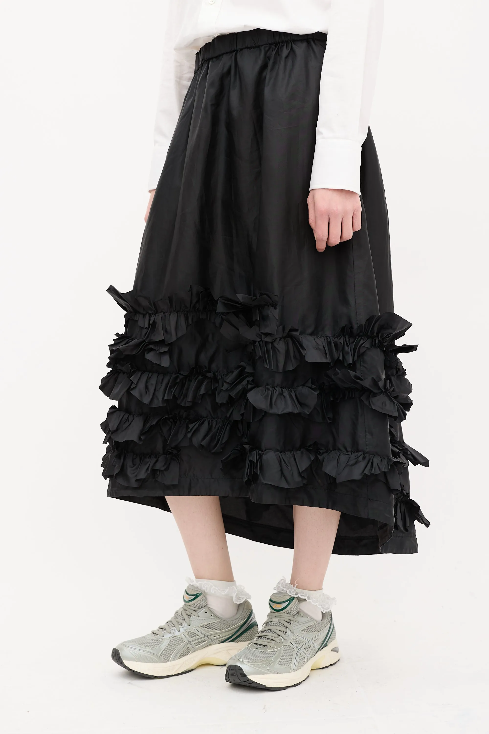 Black Nylon Ruffle Midi Skirt