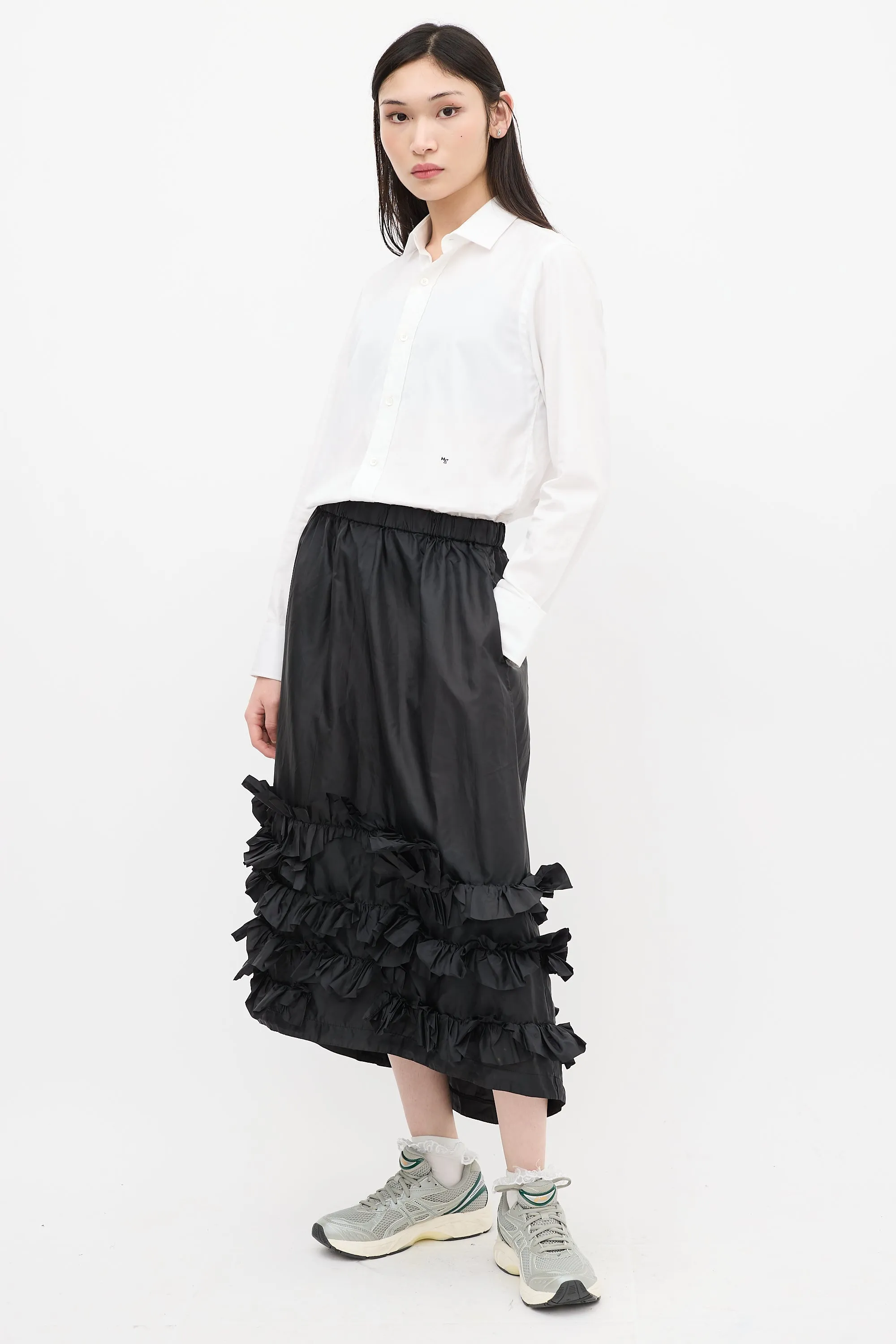 Black Nylon Ruffle Midi Skirt