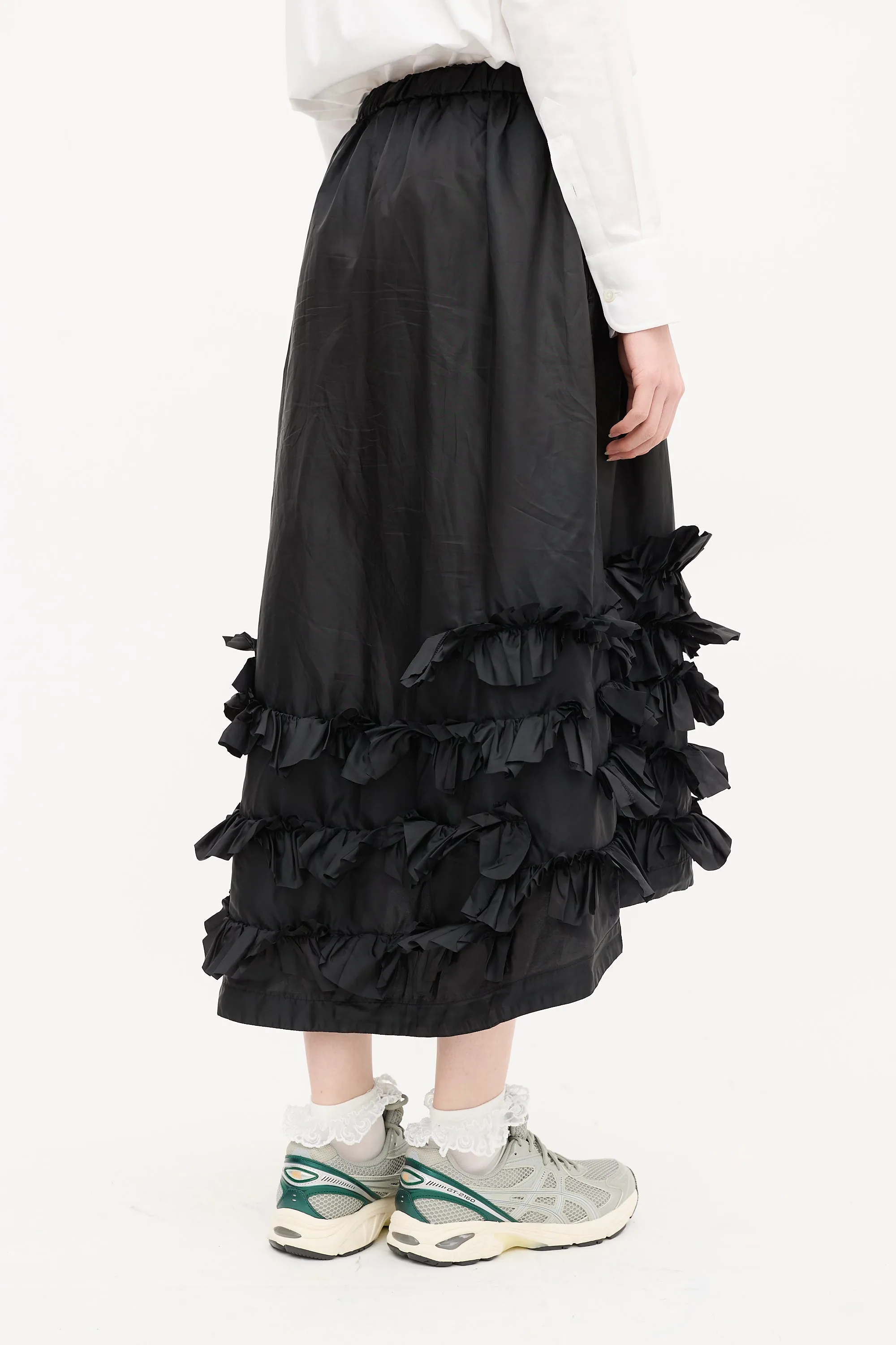 Black Nylon Ruffle Midi Skirt
