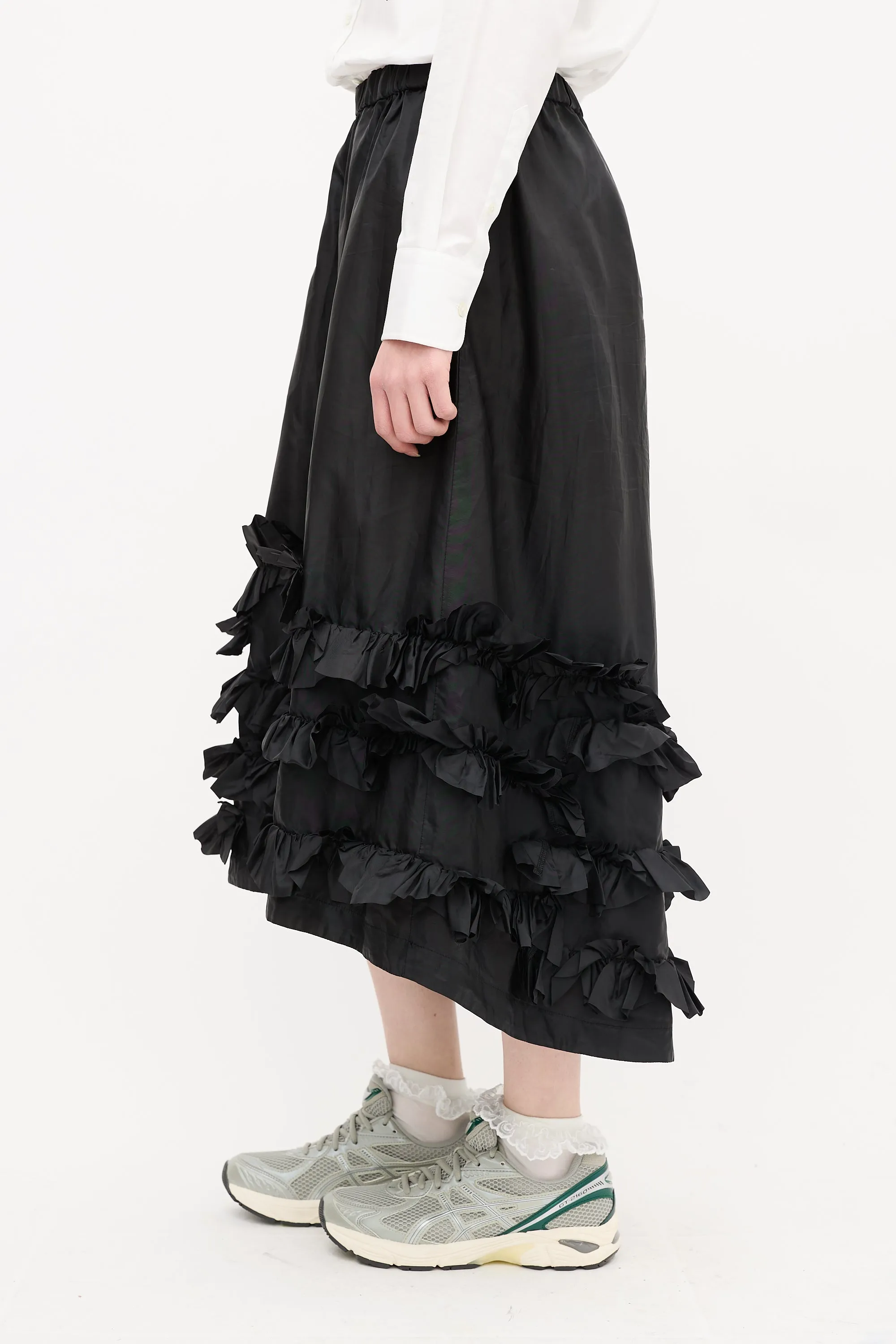 Black Nylon Ruffle Midi Skirt