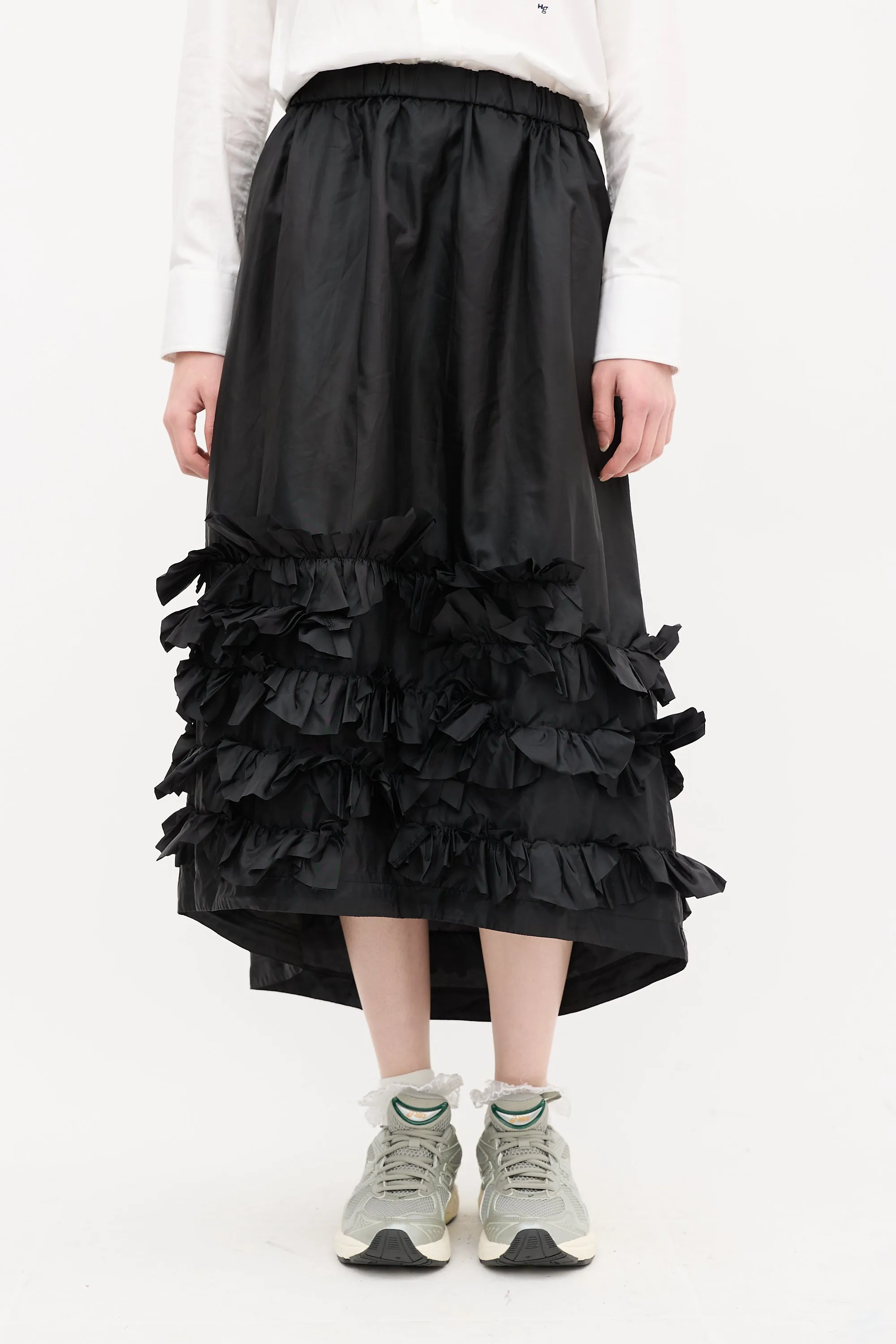Black Nylon Ruffle Midi Skirt