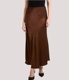 Brown Satin Slip Midi Skirt