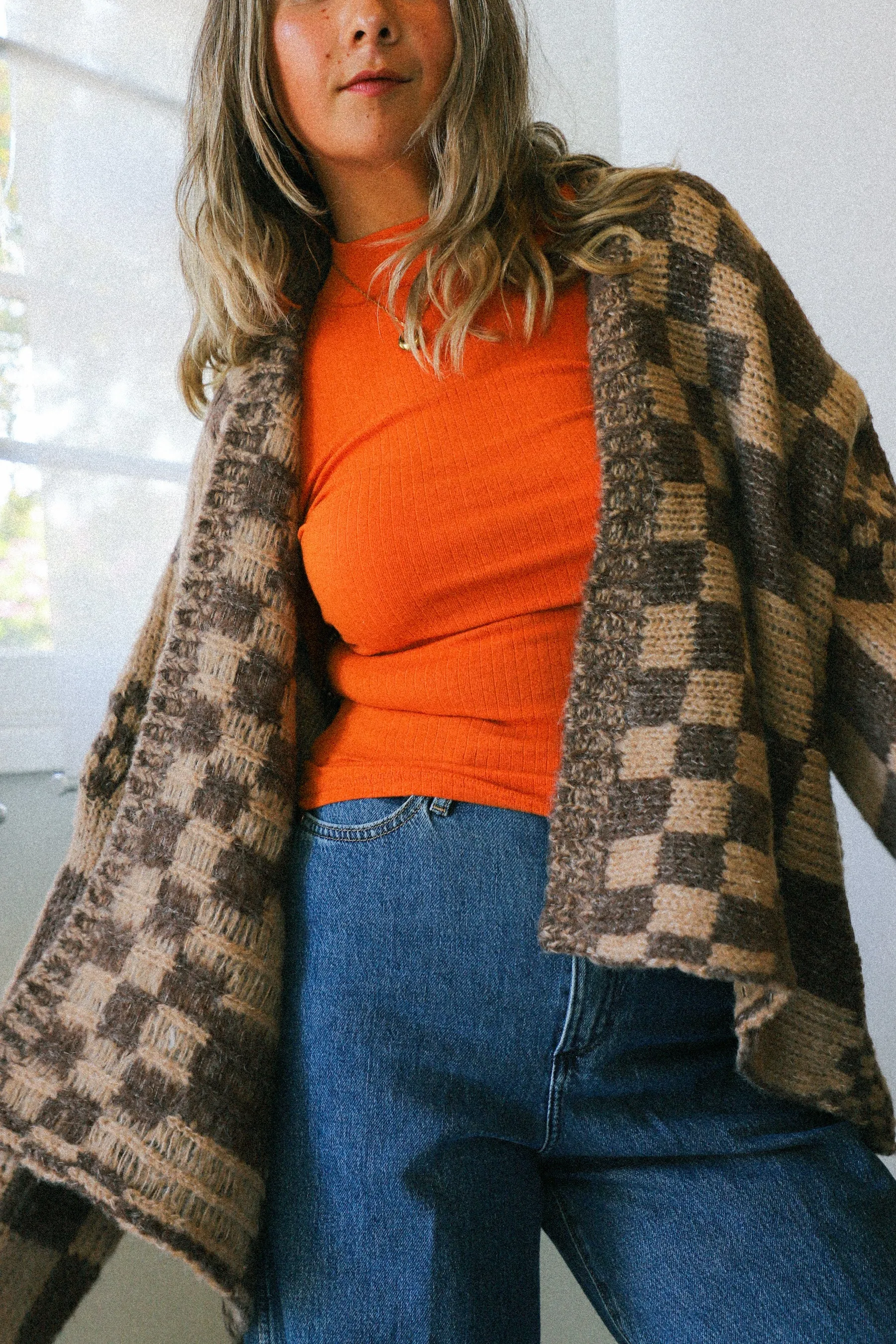 Checkered Open Front Cardigan