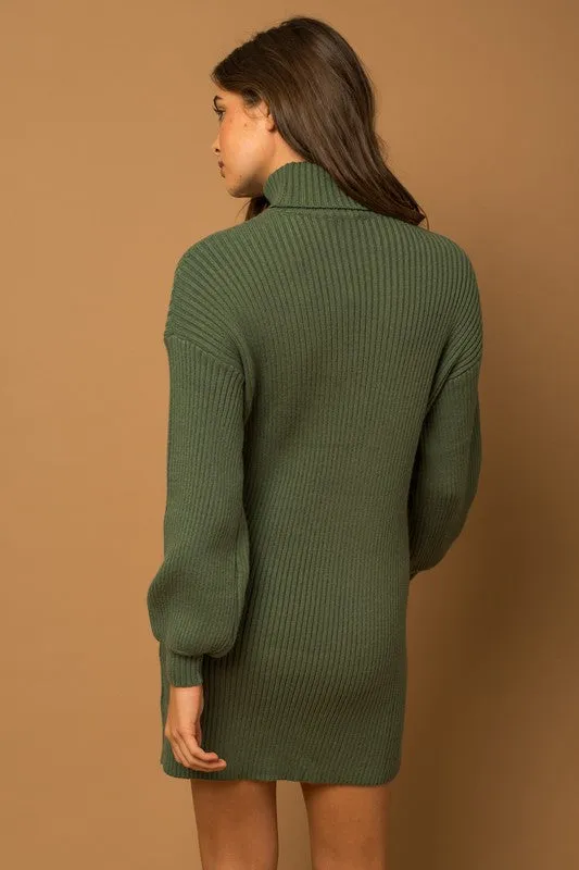 Country Christmas Turtle Neck Balloon Sleeve Sweater Dress