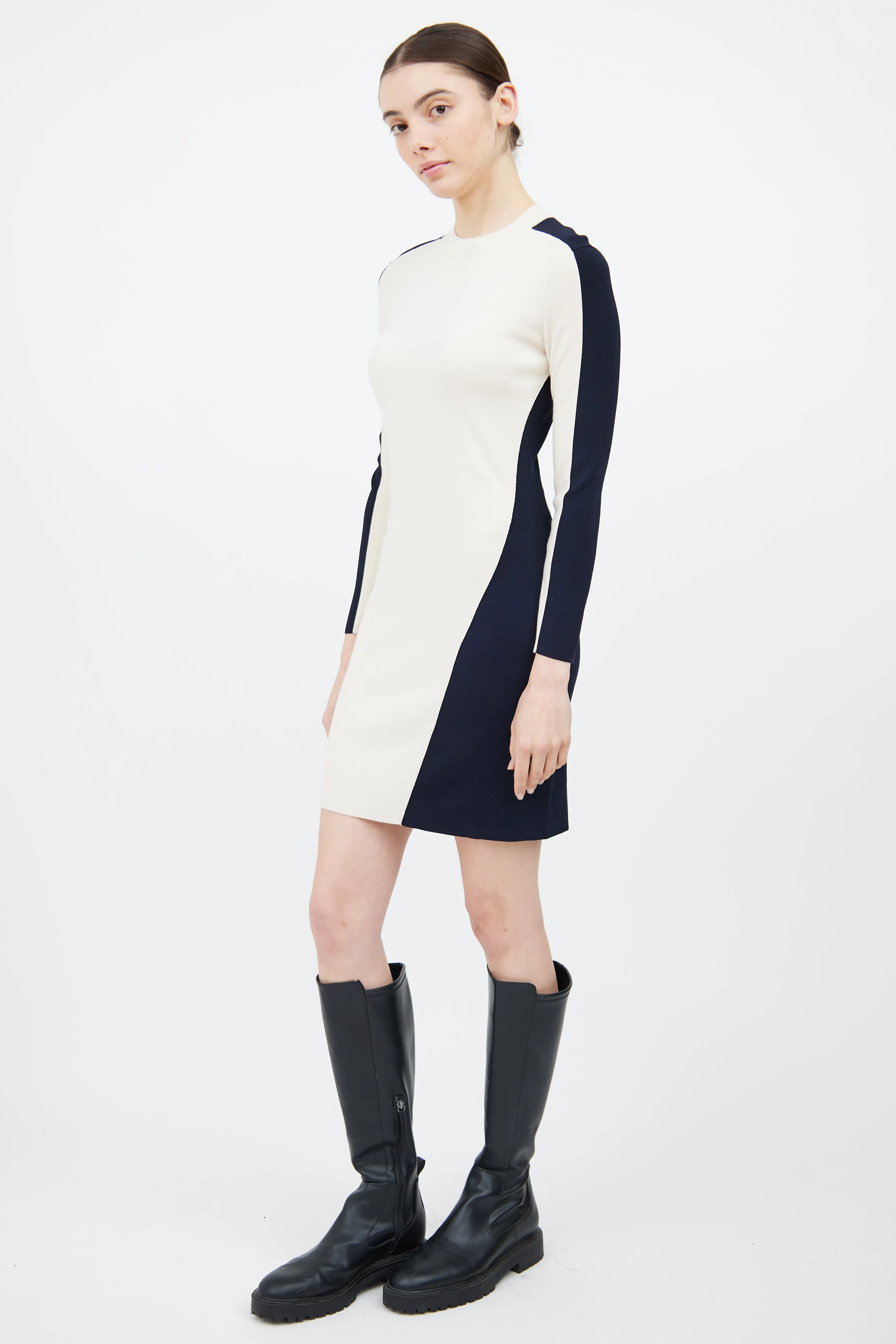 Cream & Navy Wool Knit Sweater Dress