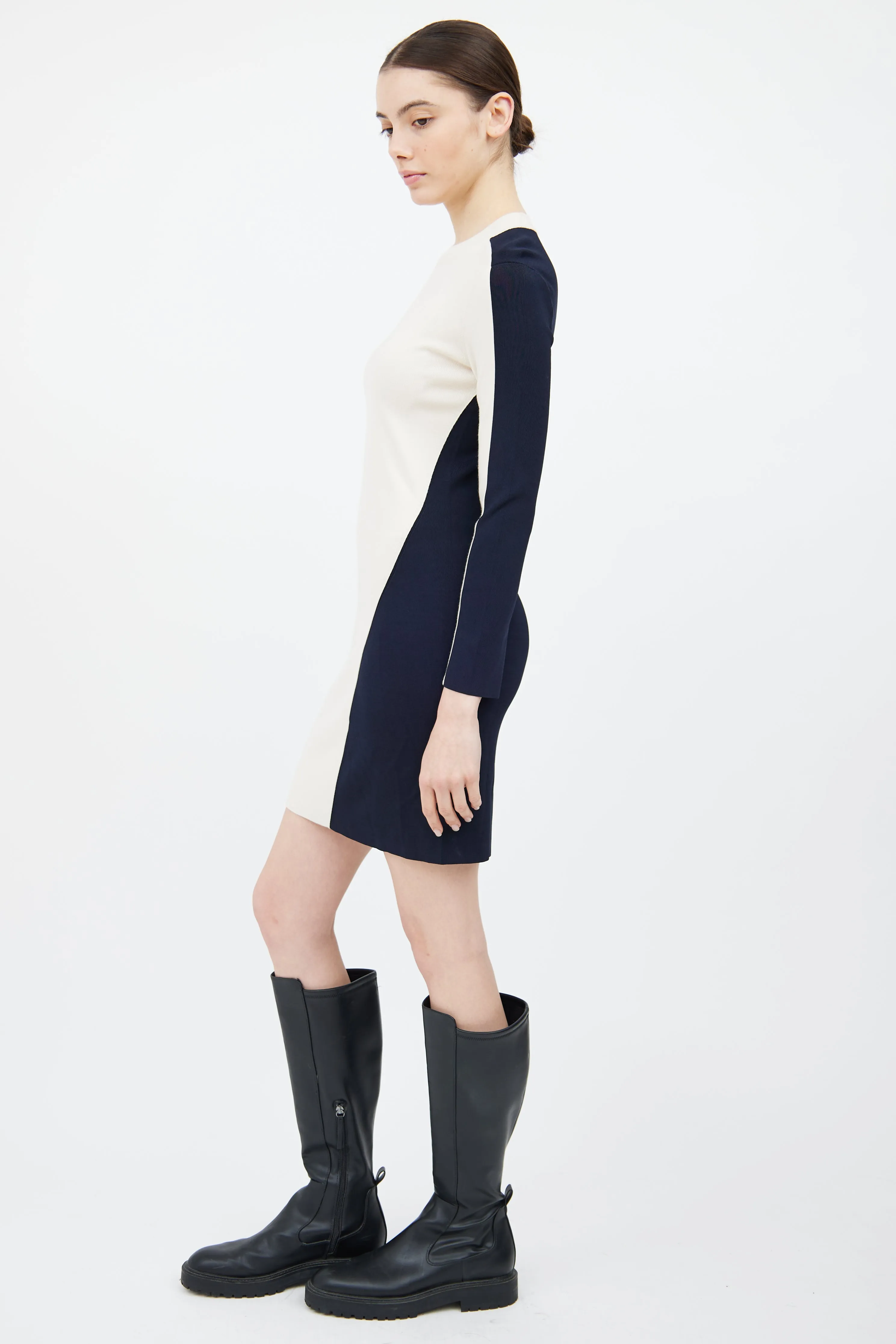 Cream & Navy Wool Knit Sweater Dress