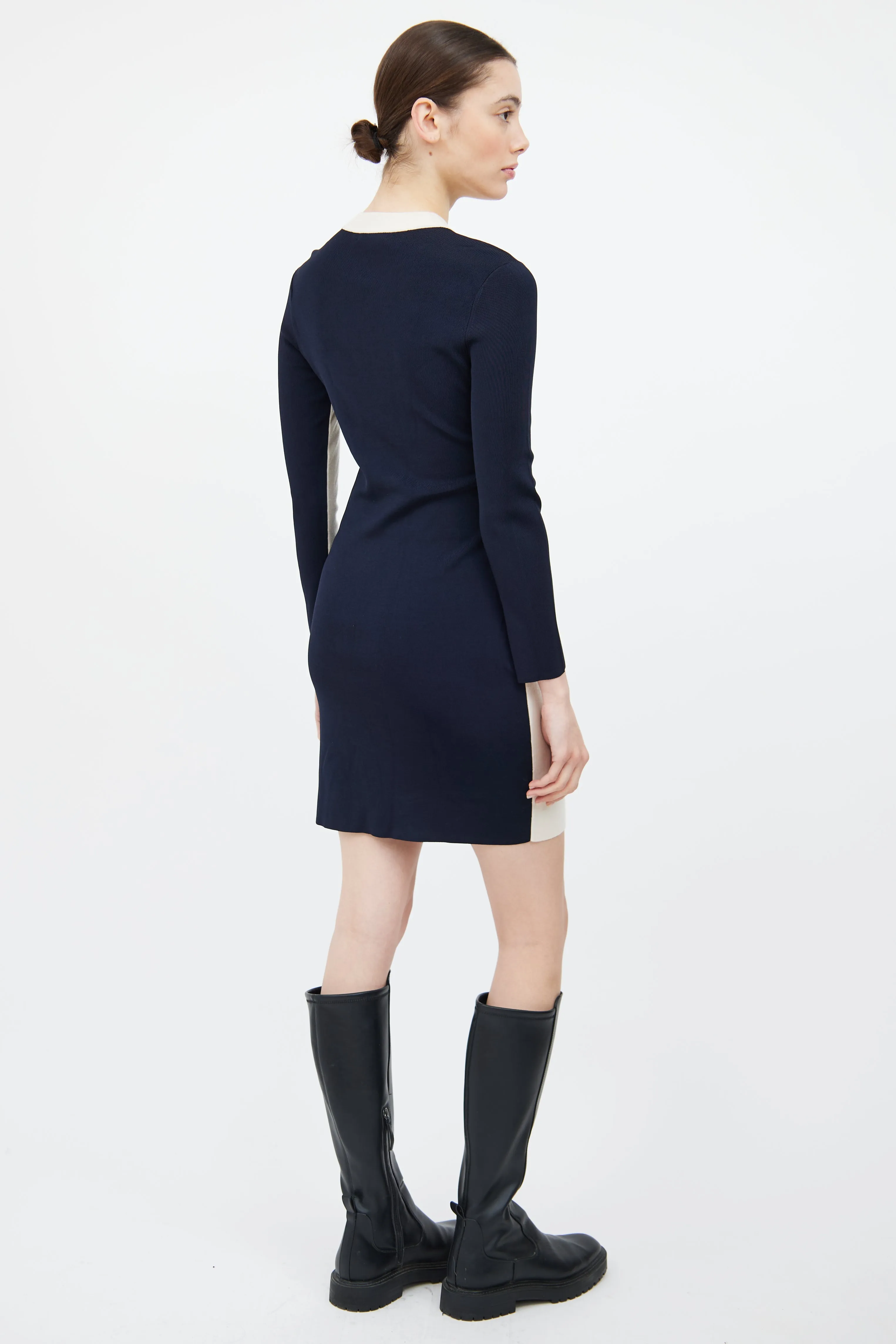 Cream & Navy Wool Knit Sweater Dress