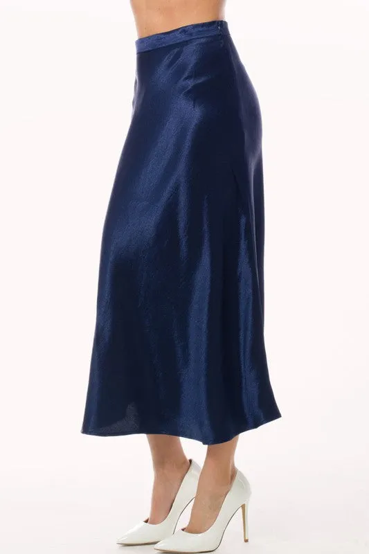 Dark Blue Satin Midi A Line Slip Skirt