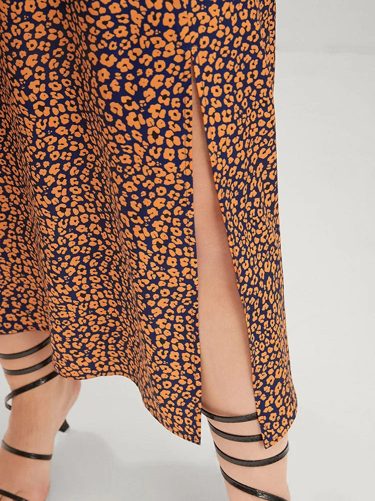 Ditsy Floral Pocket Shirred Lantern Sleeve Split Hem Dress
