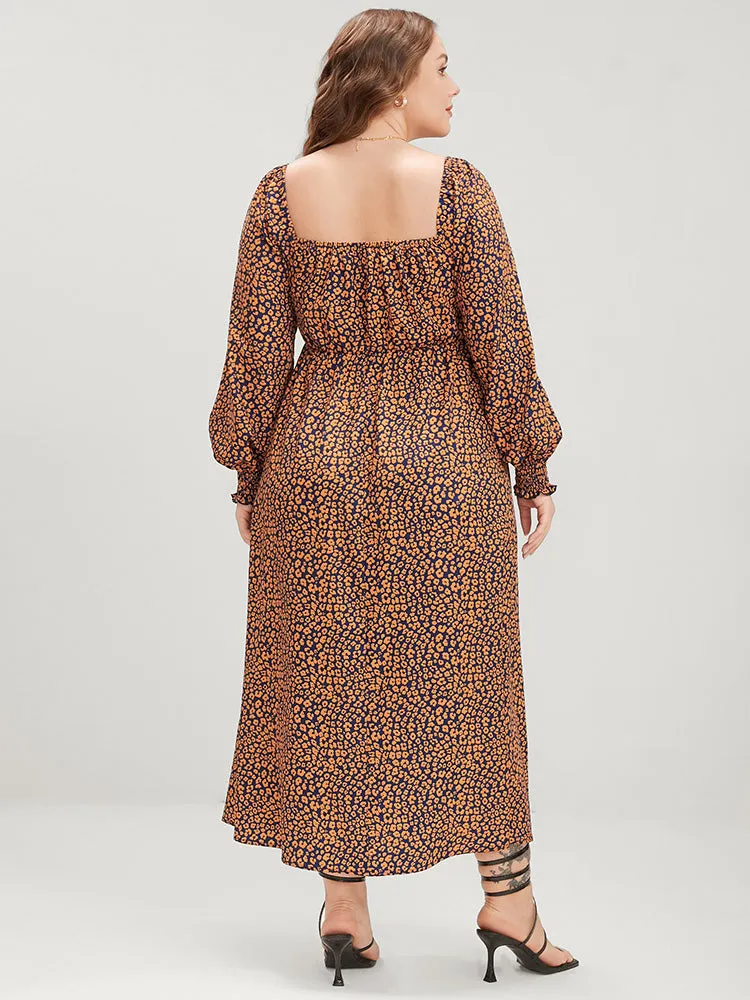 Ditsy Floral Pocket Shirred Lantern Sleeve Split Hem Dress
