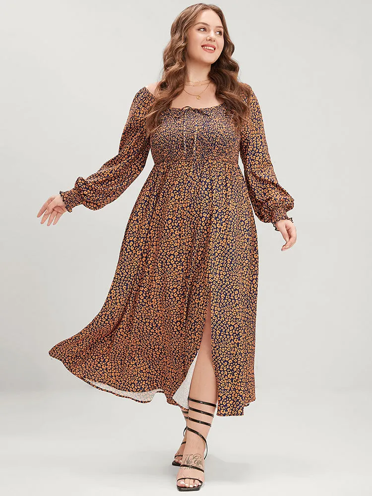 Ditsy Floral Pocket Shirred Lantern Sleeve Split Hem Dress
