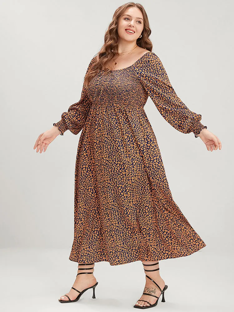 Ditsy Floral Pocket Shirred Lantern Sleeve Split Hem Dress