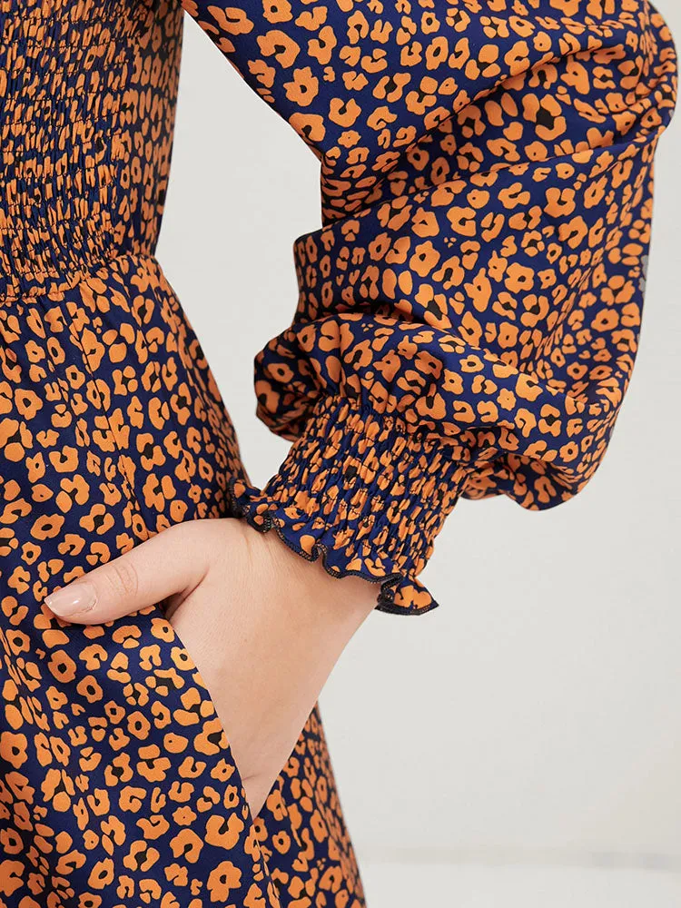 Ditsy Floral Pocket Shirred Lantern Sleeve Split Hem Dress