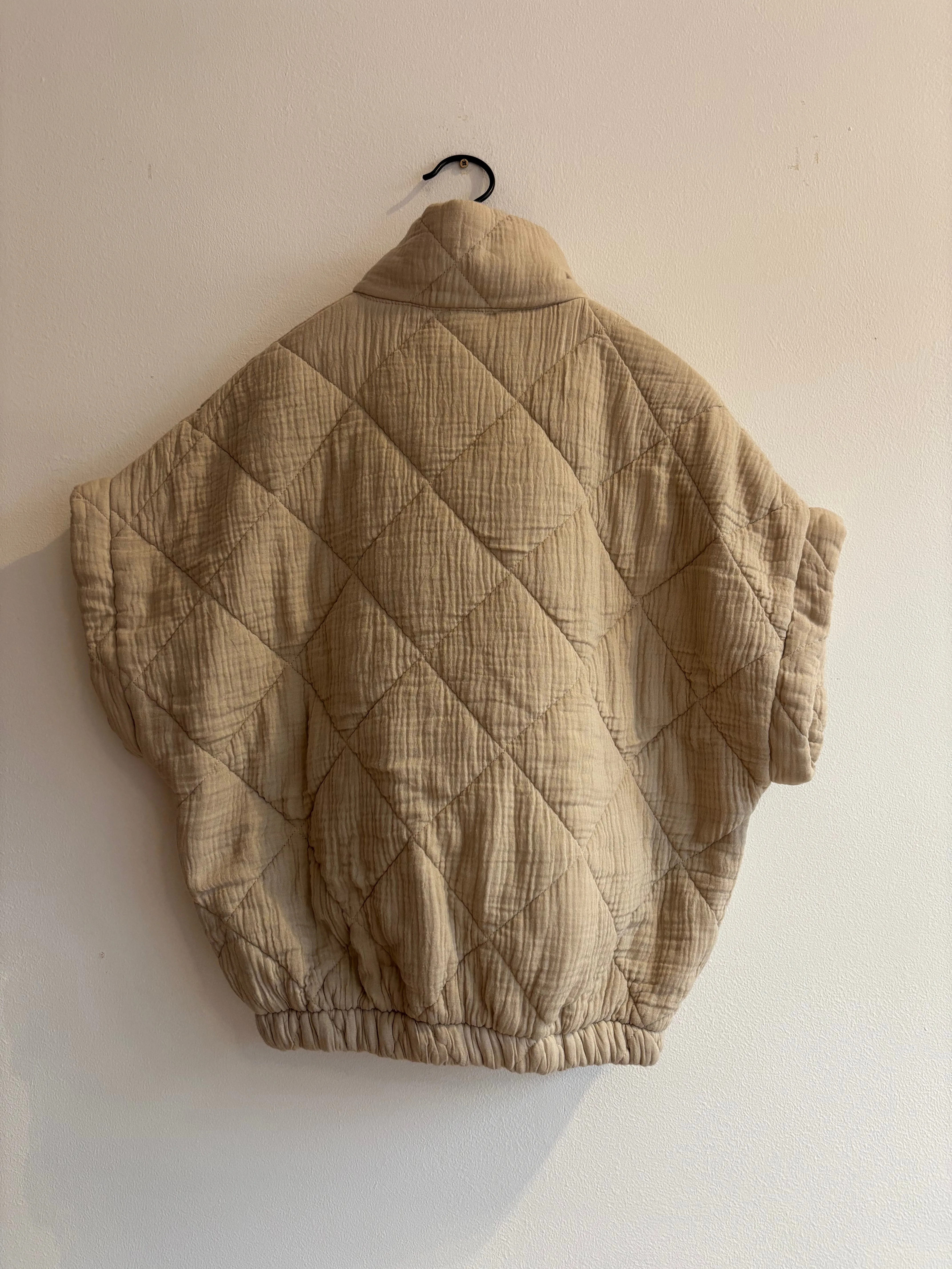 Ecru Cropped Sleeve Quilted Bomber Jacket