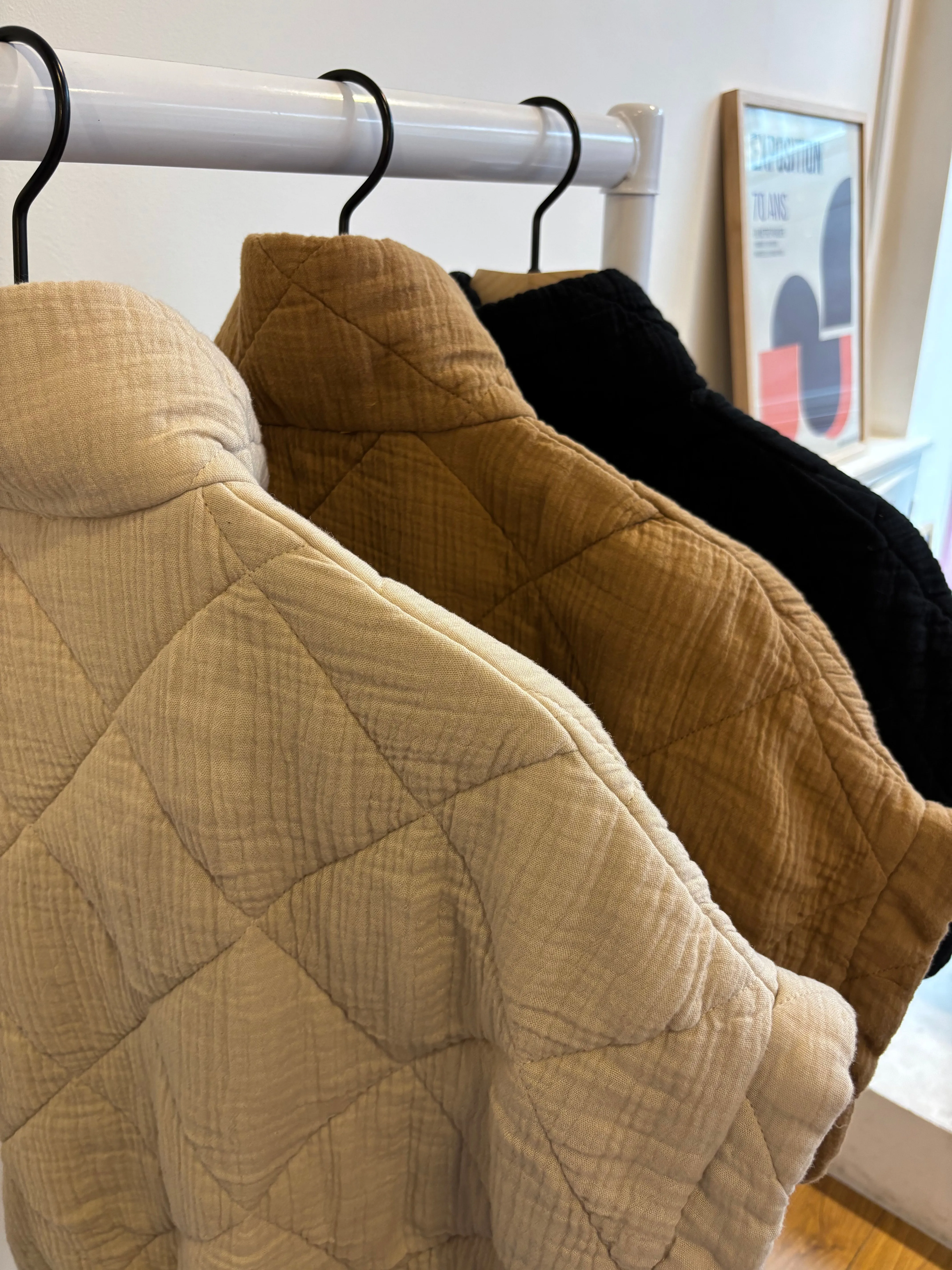 Ecru Cropped Sleeve Quilted Bomber Jacket