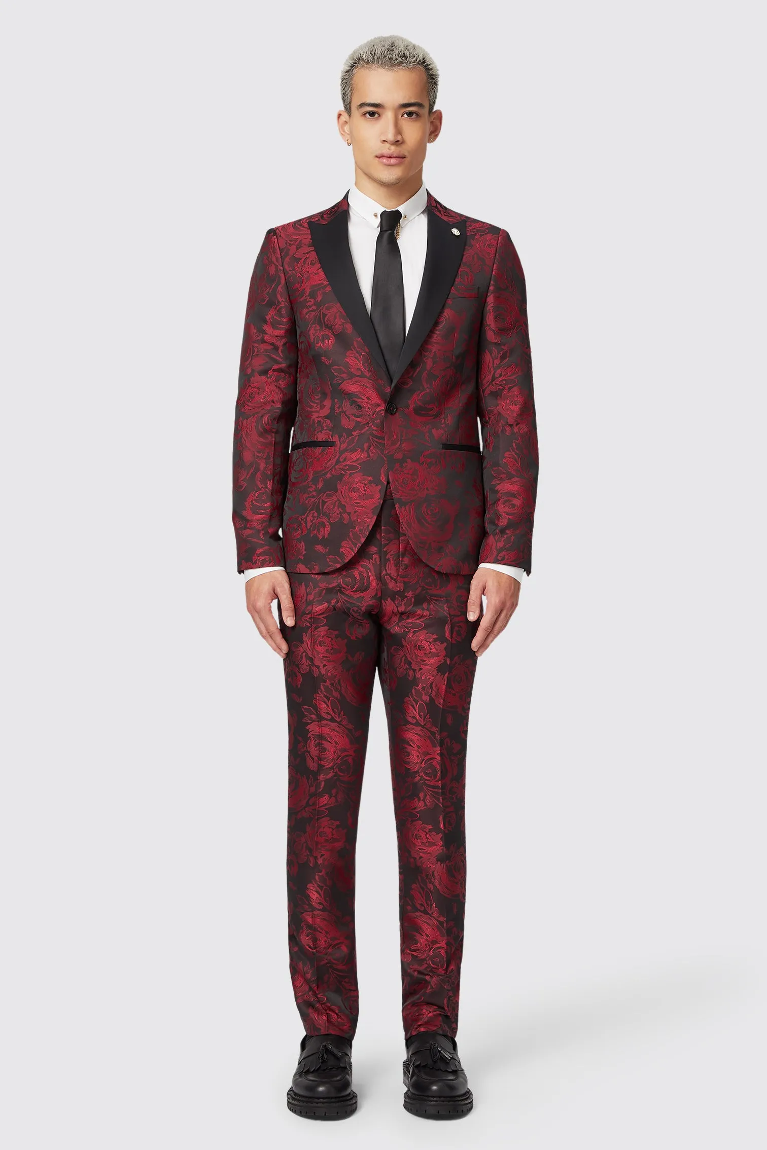 Ersat Skinny Fit Red Floral Jacquard Tuxedo Jacket
