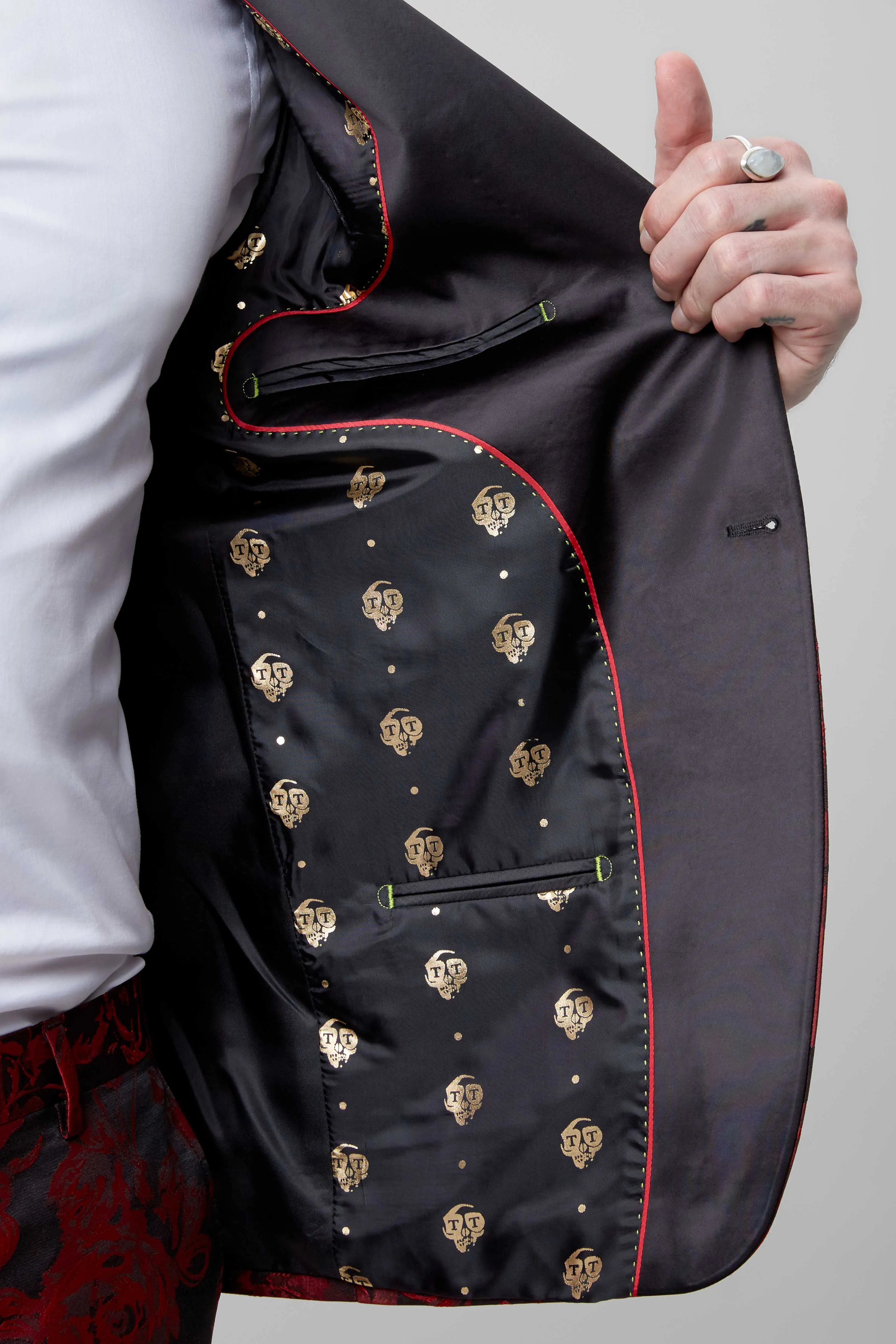 Ersat Skinny Fit Red Floral Jacquard Tuxedo Jacket