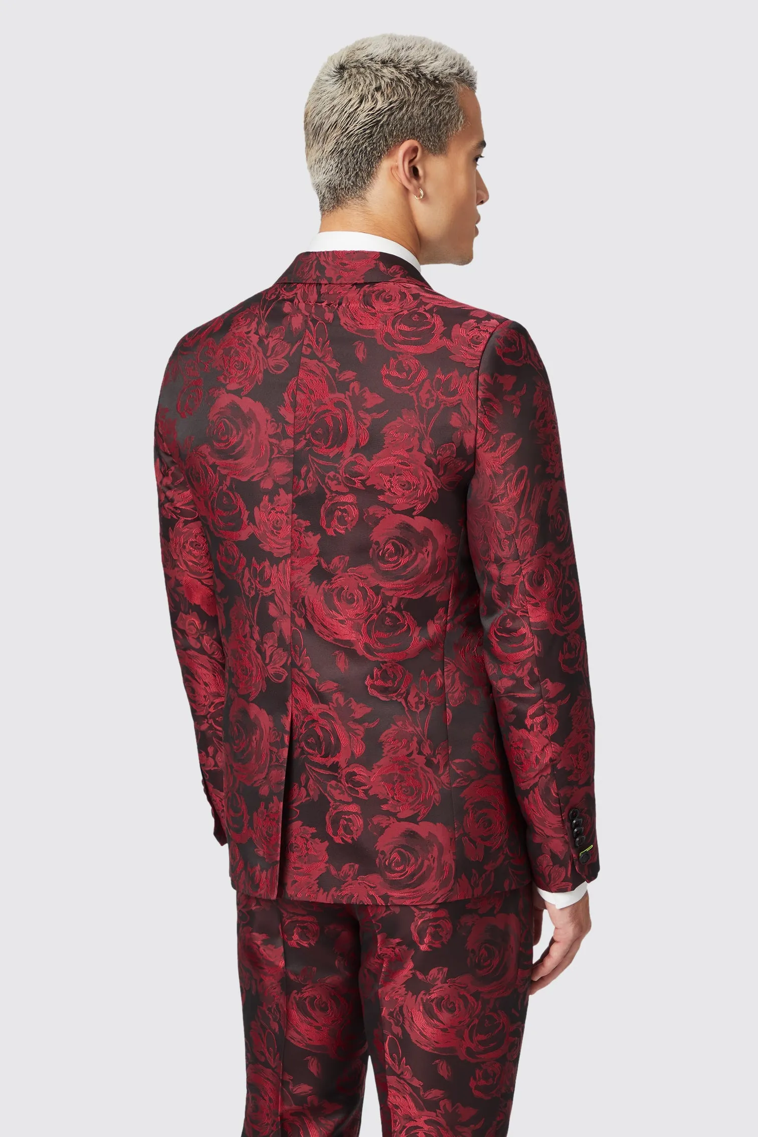 Ersat Skinny Fit Red Floral Jacquard Tuxedo Jacket