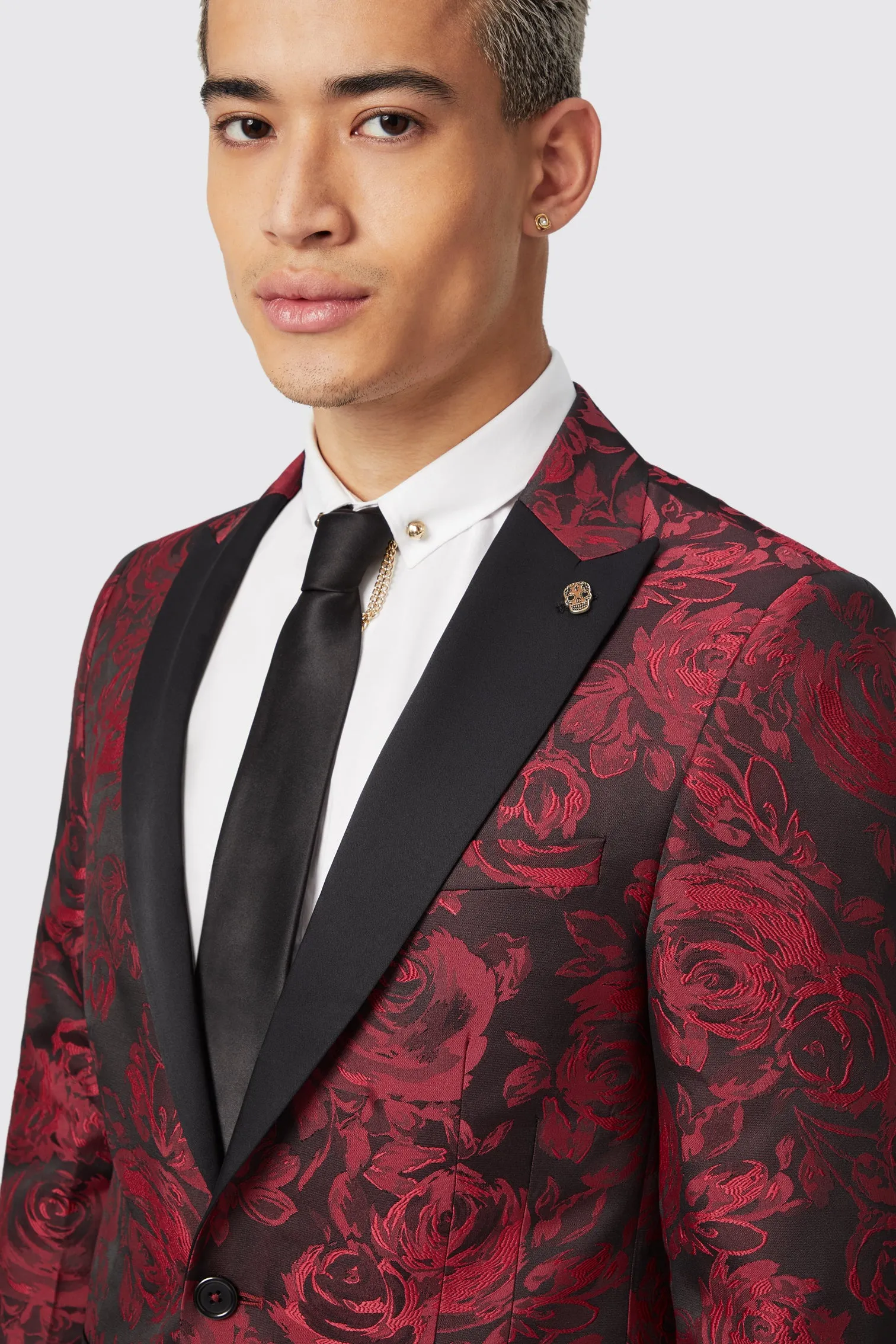 Ersat Skinny Fit Red Floral Jacquard Tuxedo Jacket