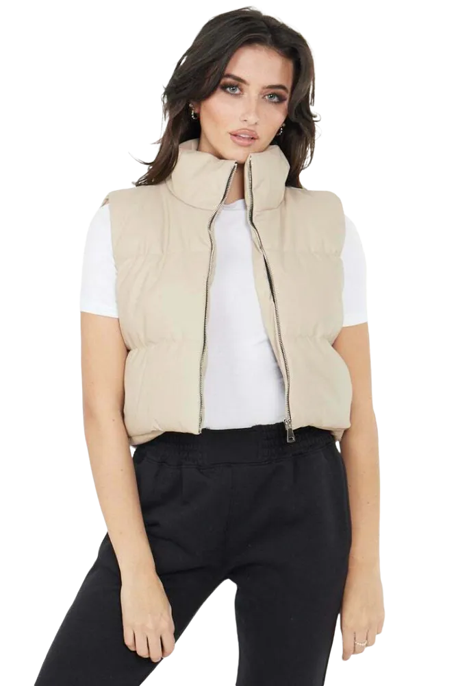 Faux Leather Puffer Padded Gilet Cropped Jacket