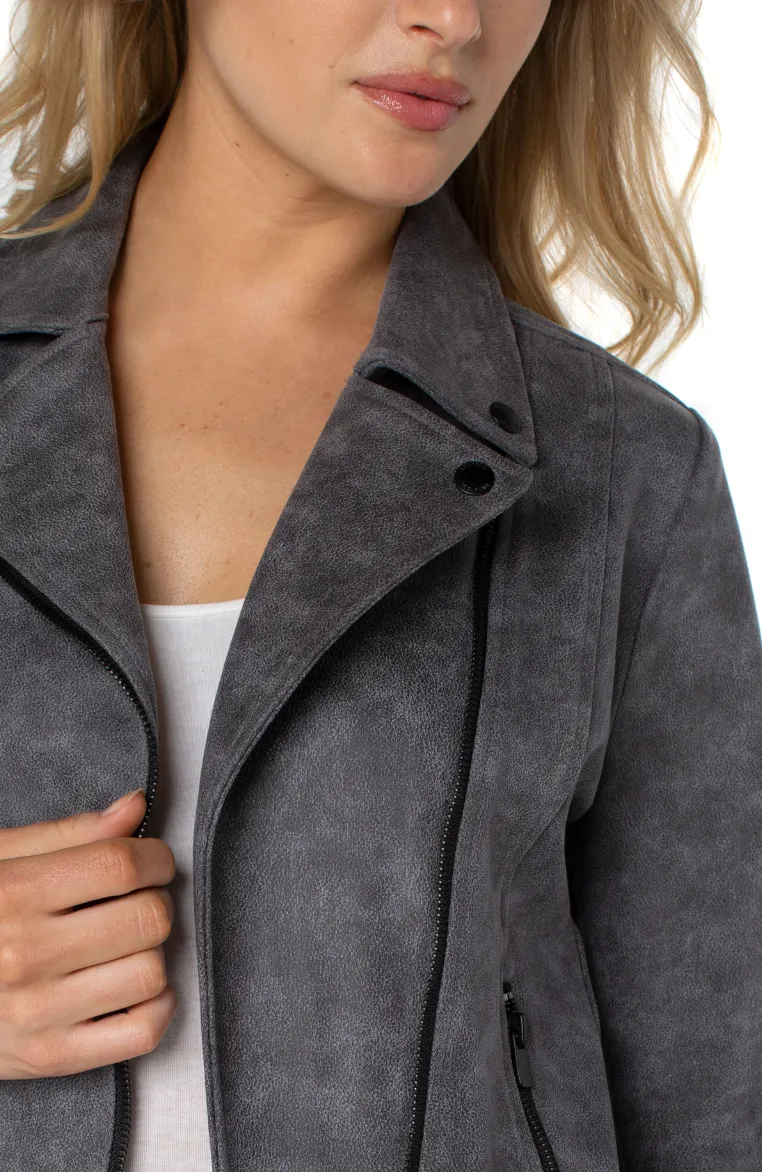 Faux Suede Moto Jacket - Grey