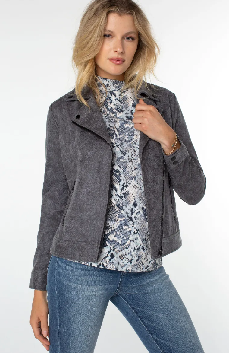 Faux Suede Moto Jacket - Grey