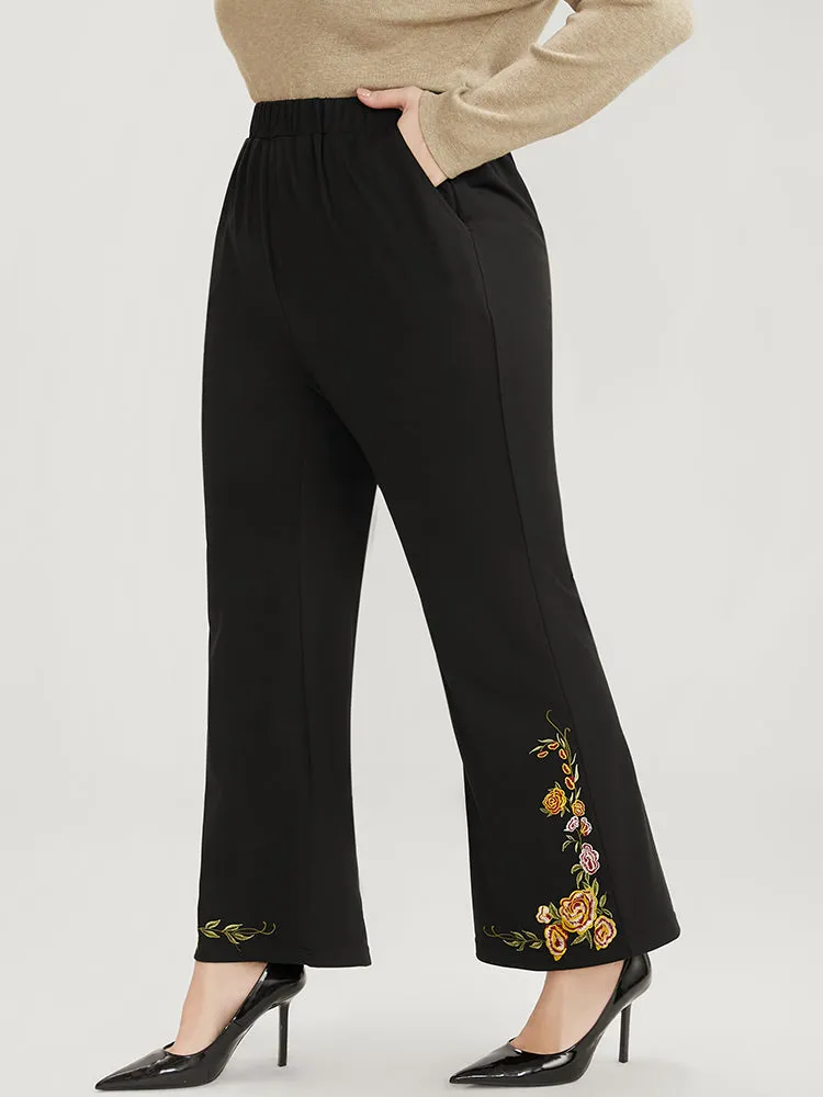 Floral Embroidered Pocket Elastic Waist Bootcut Pants