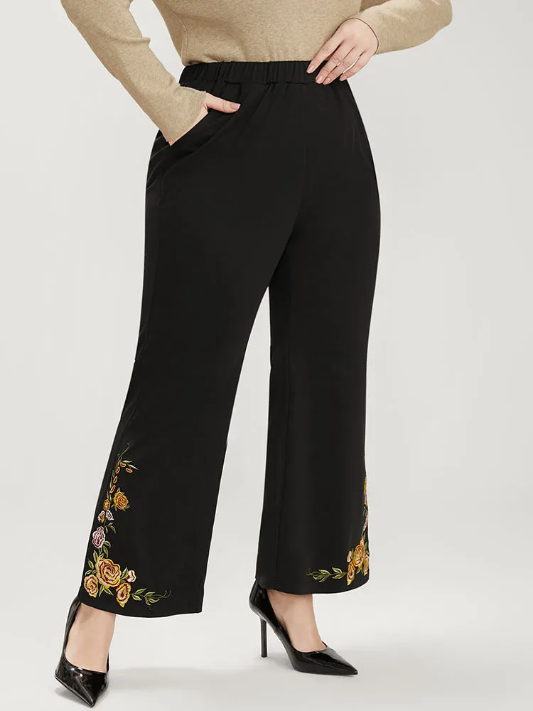 Floral Embroidered Pocket Elastic Waist Bootcut Pants