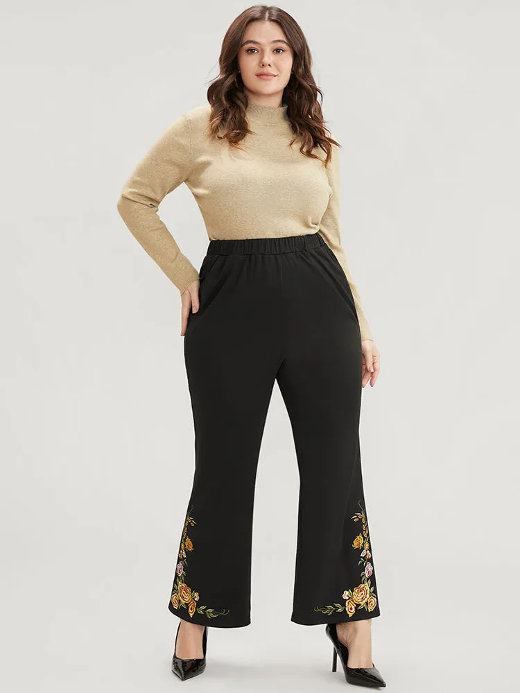 Floral Embroidered Pocket Elastic Waist Bootcut Pants
