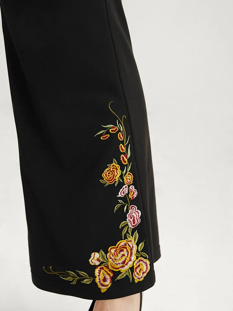 Floral Embroidered Pocket Elastic Waist Bootcut Pants