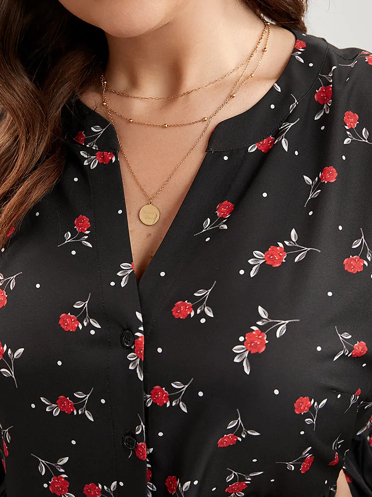 Floral Print Button Up High Low Hem Blouse